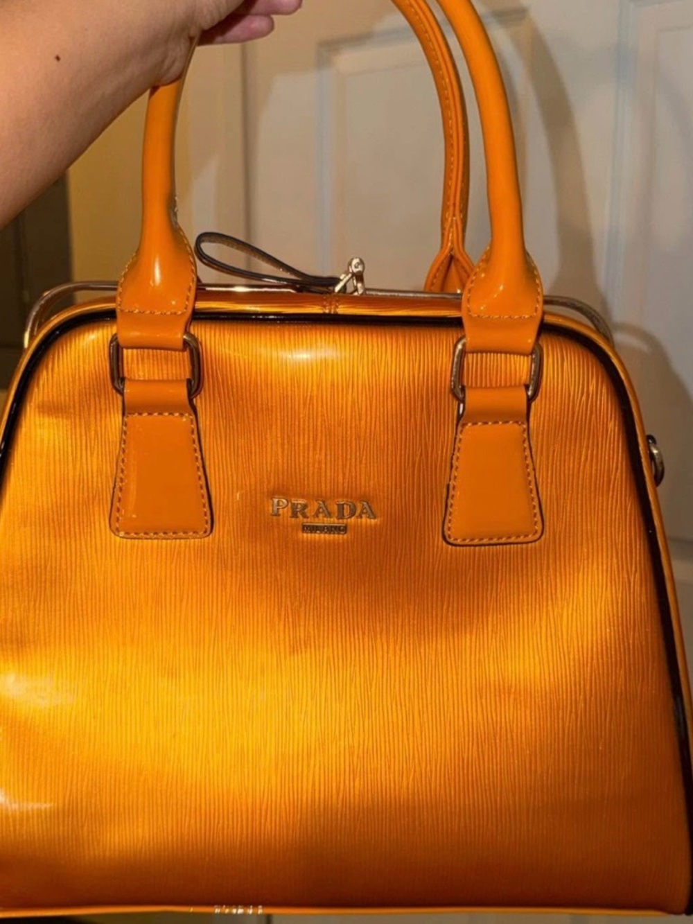 Prada Glossy Orange Patent Dome Satchel